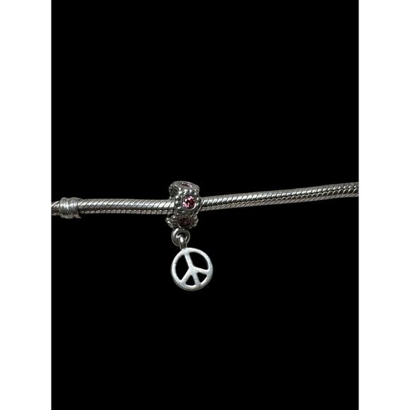 Authentic Pandora peace sign and pink stone dangle sterling 925 silver charm - Picture 1 of 1